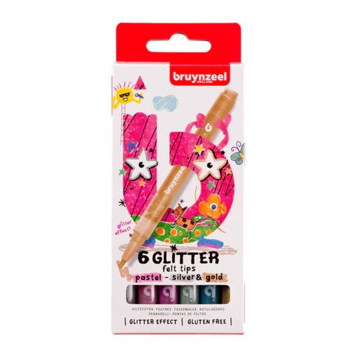 Bruynzeel glitterviltstiften - 6 kleuren - pastel