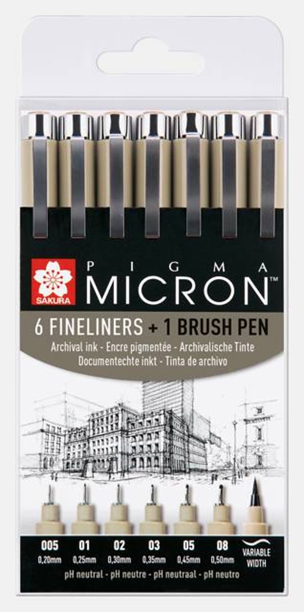 Sakura Pigma Micron - 6 stuks + 1 brush pen