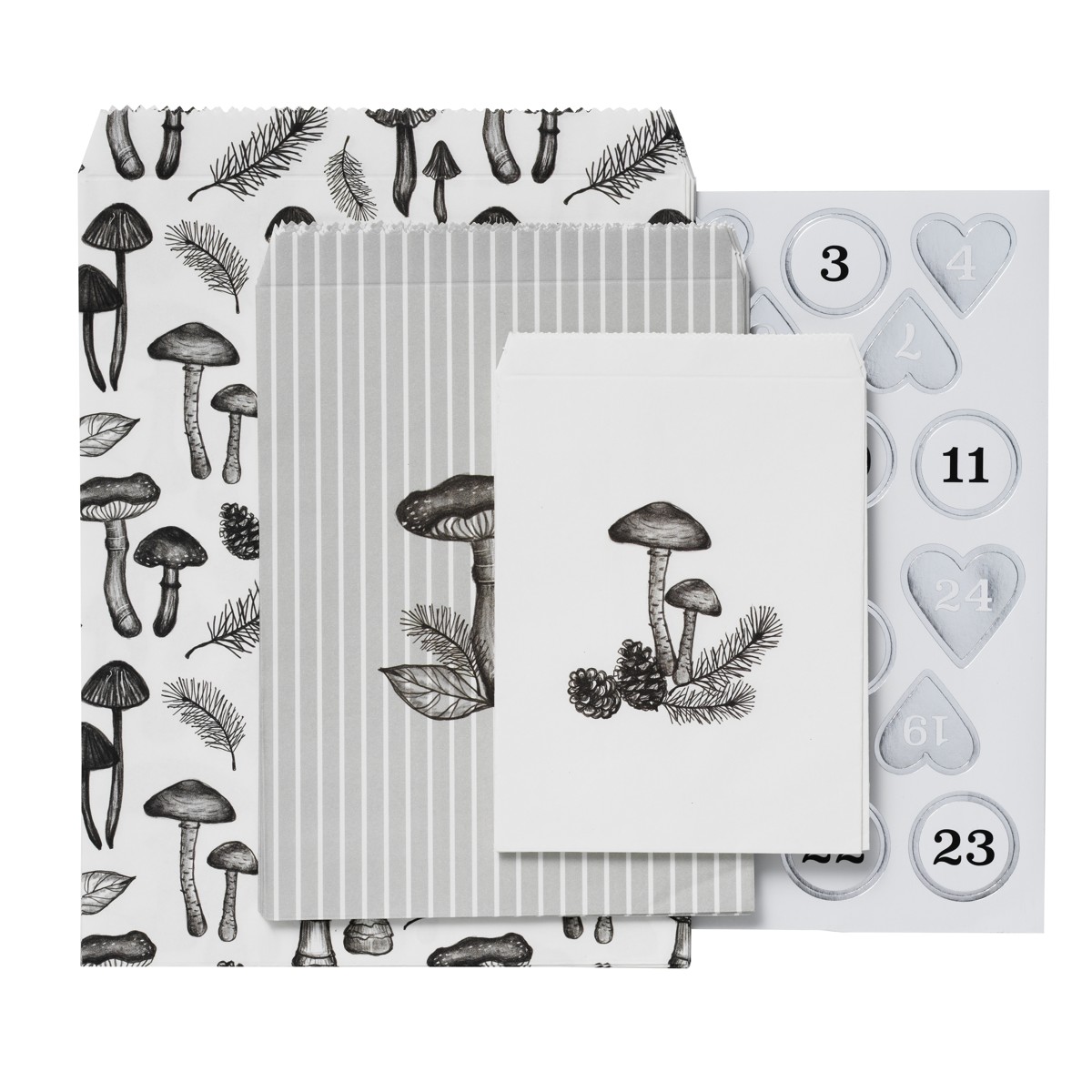 Cadeauzakjes en advent stickers - paddenstoelen