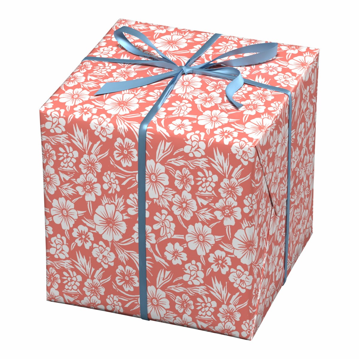 Cadeaupapier - 10 meter - koraalroze/witte bloemen